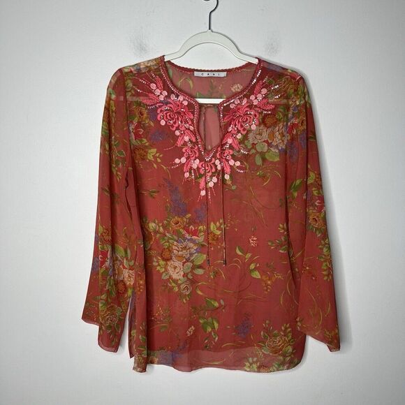 Cabi Silk Womens Top Size Small Embellished Fairy Floral Sheer Embroidered - Picture 13 of 14